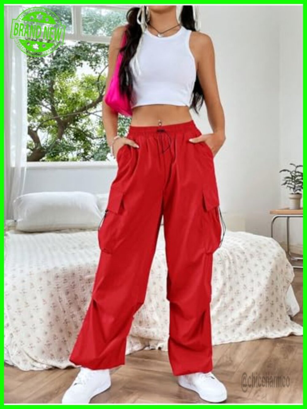 Baggy Loose Cargo Pants Drawstring Waist Joggers Long Trousers - Picture 5 of 7
